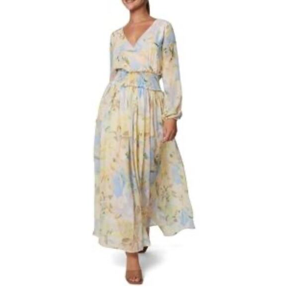 NEW Laundry Shelli Segal Sz 10 Butter Yellow Floral Long Slve Maxi Dress Smocked - Picture 1 of 13